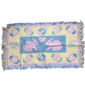 Vintage Easter Bunny Woven Tapestry Rug Tablecloth Pastel Pink‎ Blue Fringed Mat